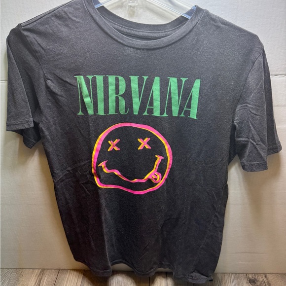 NIRVANA Tops - Nirvana Black T-Shirt Girls Juniors Size 14-16 Smiley Face Retro Rainbow Grunge